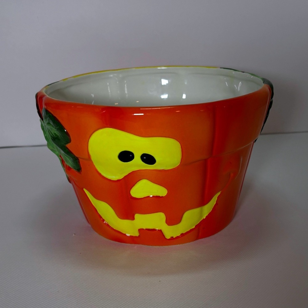 Vintage 2003 Halloween Candy Bowl Pumpkin Jack-O-Lantern Ceramic Orange Y2K